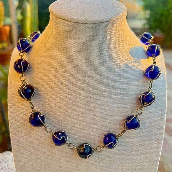 Vintage Jewelry - Vintage 70's Cobalt Blue Caged Wirewrap Art Glass Bead Necklace